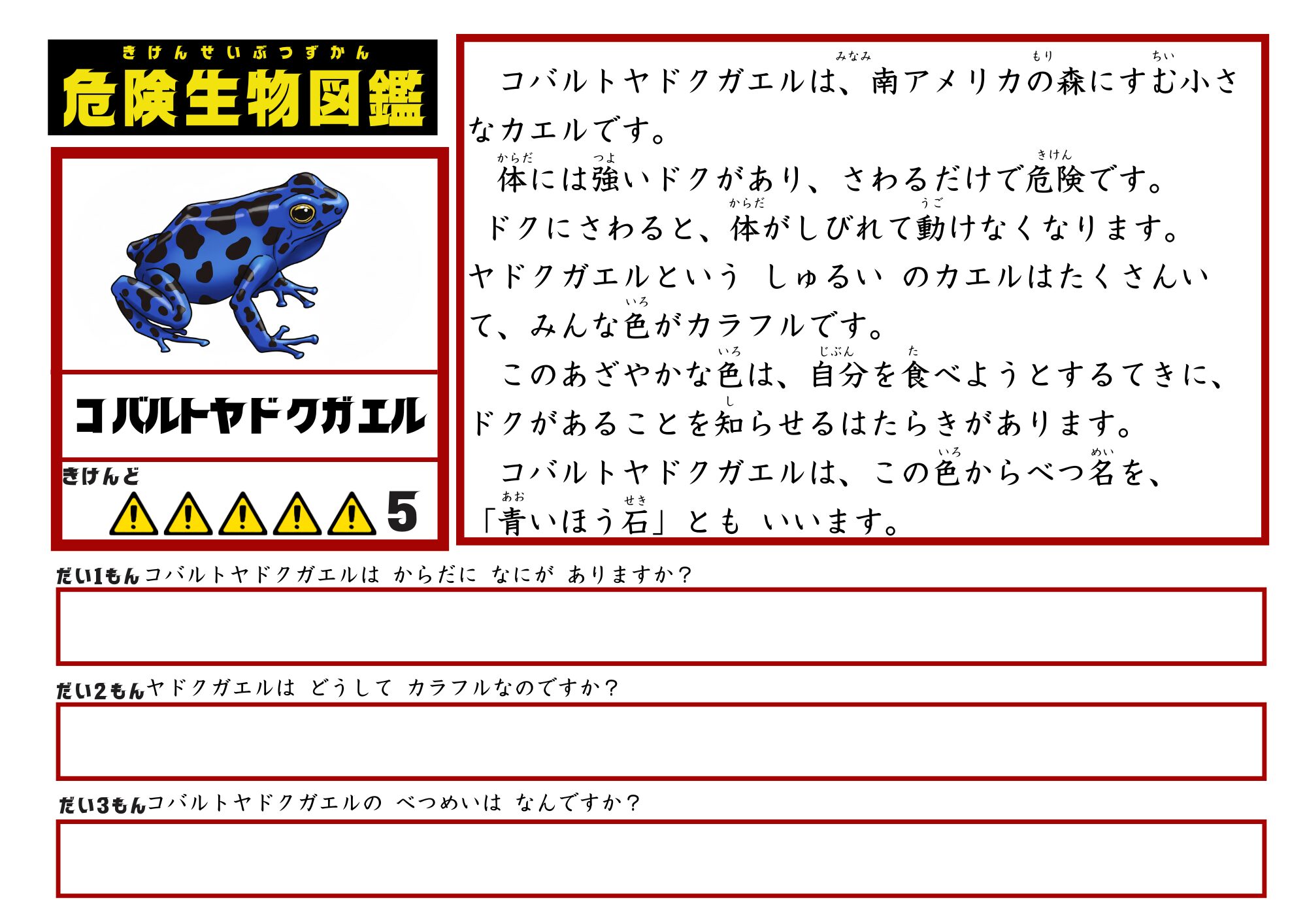 危険生物図鑑　文章読解　コバルトヤドクガエル