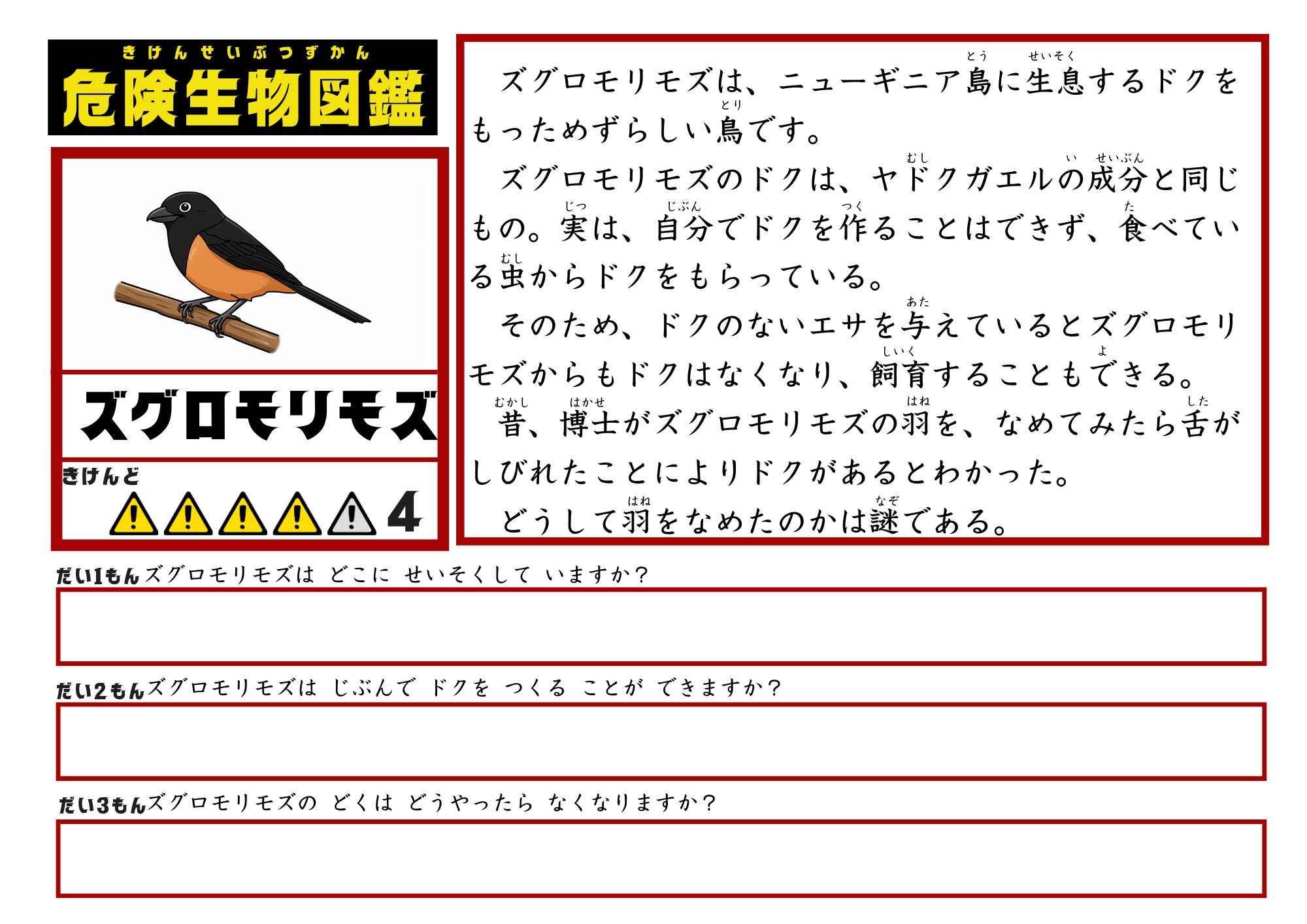 危険生物図鑑　文章読解　ズグロモリモズ