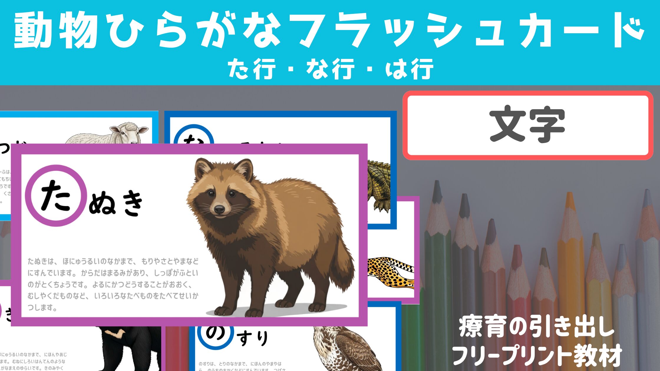 【た・な・は行】 動物ひらがなフラッシュカード　 ［文字・国語］