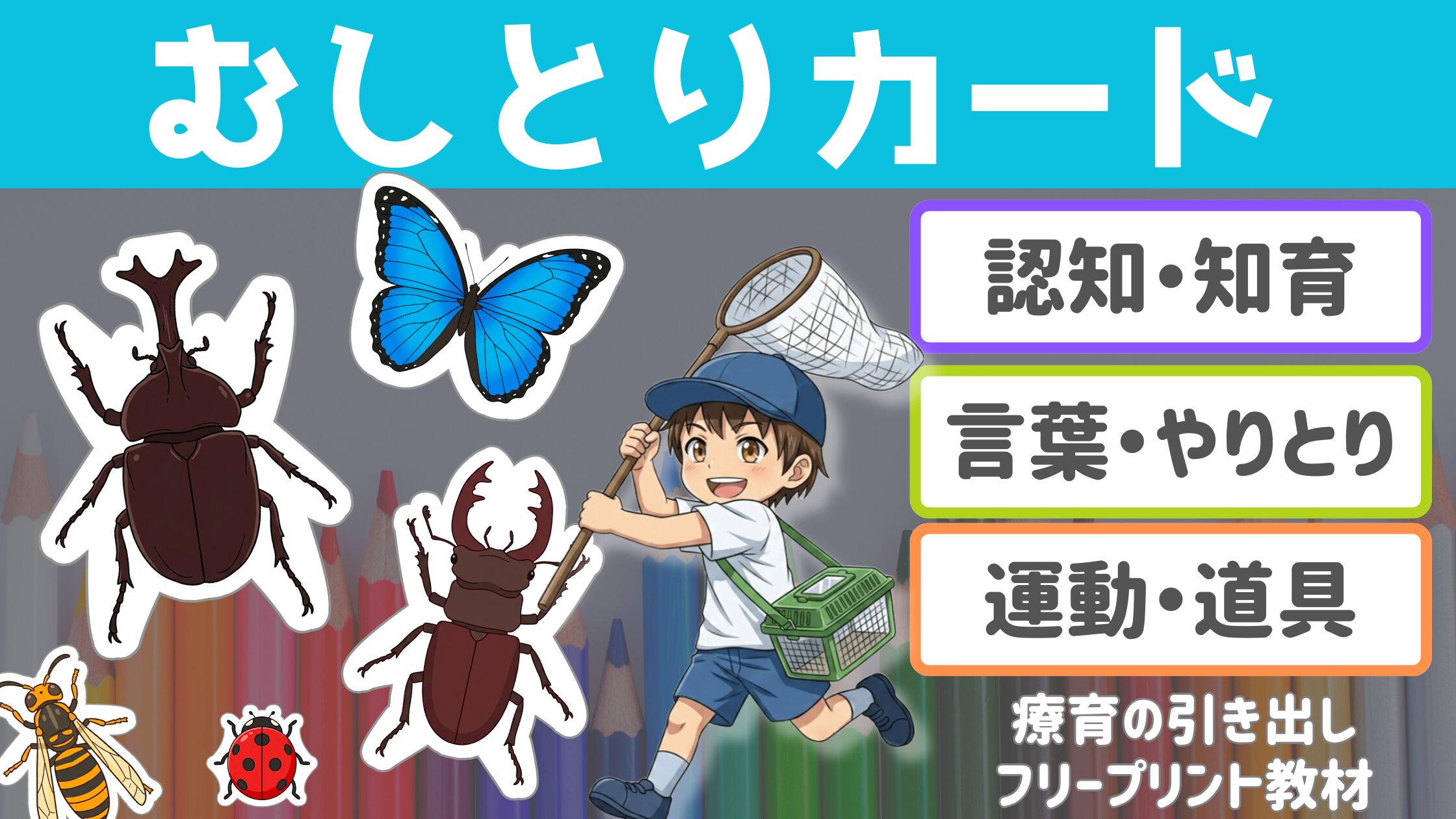 【虫取り遊び】 虫取りカード ［知育・運動・やりとり］ 壁に貼って虫取り遊びができるカード！